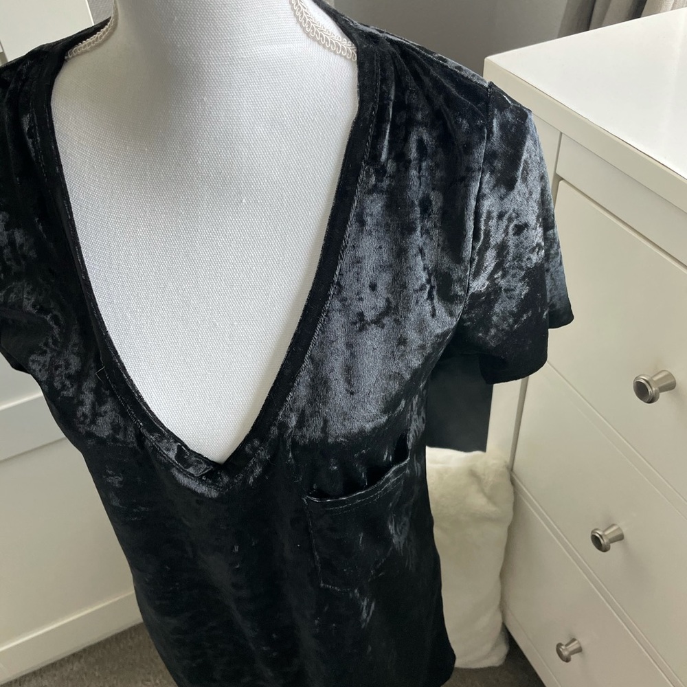 Oversized Deep V Velvet Velour Tee T-Shirt Black